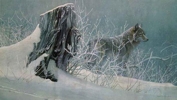 ROBERT BATEMAN 34X20 Secondary Market Art: "WINTER TRACKERS"