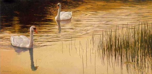 ROBERT BATEMAN  Secondary Market Art: "EVENING IDYLL SWANS"