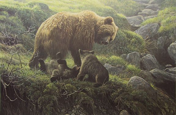 ROBERT BATEMAN  Secondary Market Art: "GRIZZLY & CUBS"