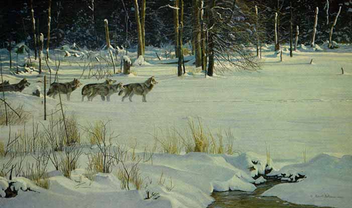 ROBERT BATEMAN  Secondary Market Art: "WOLVES ON THE TRAIL"
