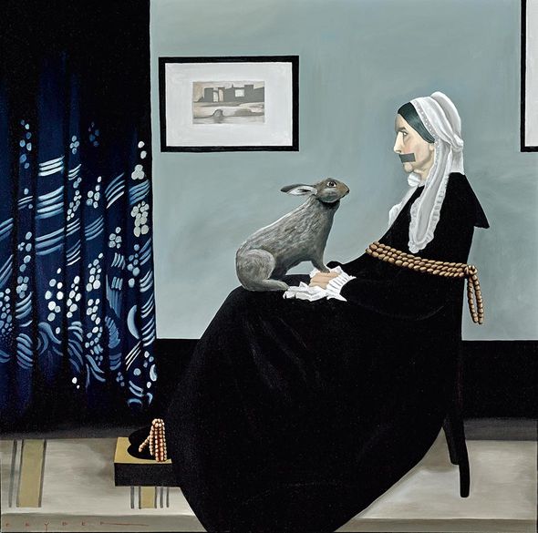 Robert Deyber Artist Signed Limited Edition Hand-crafted Stone Lithograph:"Bad Hare Day (Whistler's Mother)"