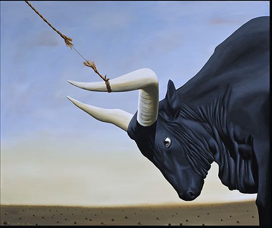 Robert Deyber Artist Signed Limited Edition Hand-crafted Stone Lithograph:" Bull by the Horns, I've Got the,"