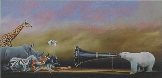 Robert Deyber Artist Signed Limited Edition Hand-crafted Stone Lithograph:"Call of the Wild (Megaphone)"
