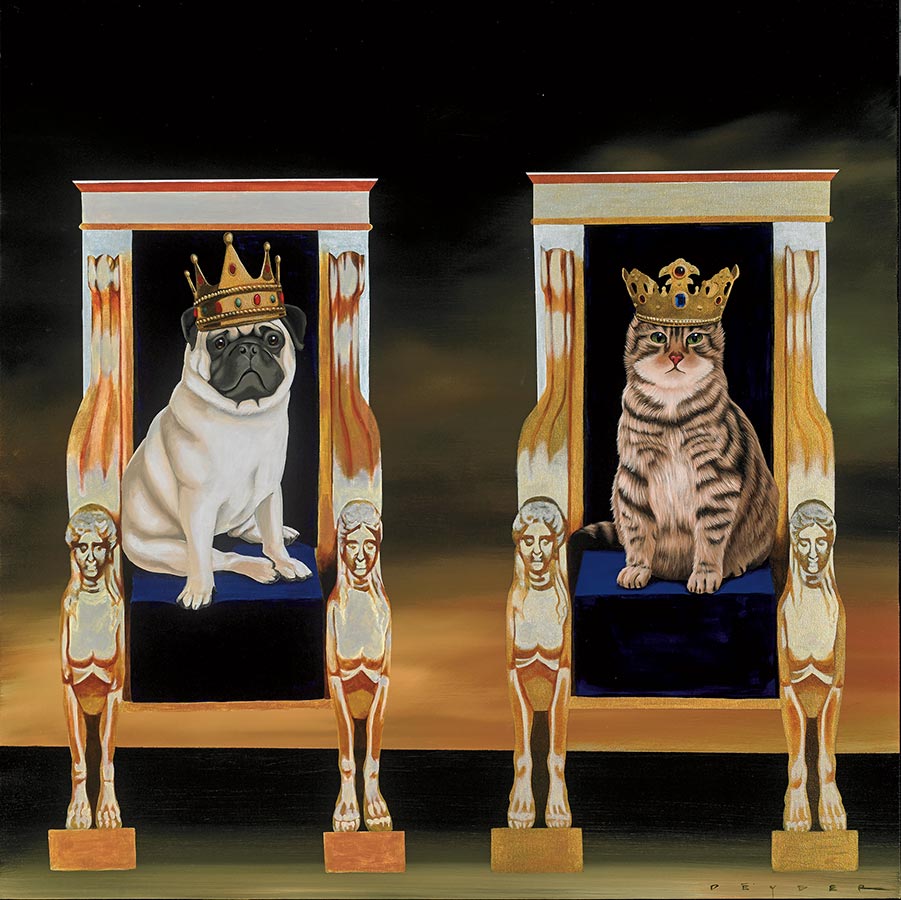 Robert Deyber Artist Signed Limited Edition Hand-crafted Stone Lithograph:"Reigning Cats and Dogs"