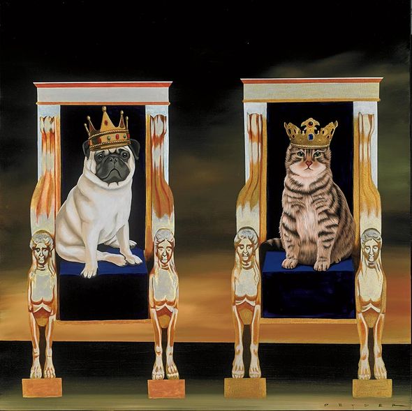 Robert Deyber Artist Signed Limited Edition Hand-crafted Stone Lithograph:"Reigning Cats and Dogs"