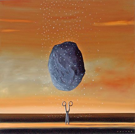 Robert Deyber Artist Signed Limited Edition Hand-crafted Stone Lithograph:"Rock Paper Scissors"