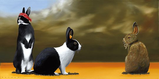 Robert Deyber Artist Signed Limited Edition Hand-crafted Stone Lithograph:"See No Evil, Hear No Evil, Speak No Evil (Hares) "