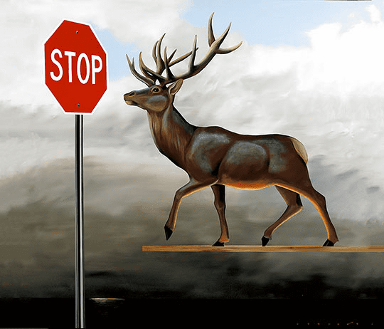 Robert Deyber Artist Signed Limited Edition Hand-crafted Stone Lithograph:"The Buck Stops Here (Elevated Buck)"