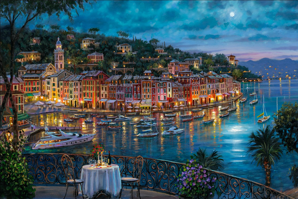 Robert Finale Artist Signed Hand-Embellished Limited Edition Canvas Giclee:"A Night in Portofino"