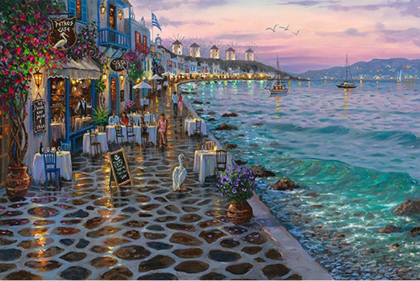 Robert Finale Artist Signed Hand-Embellished Limited Edition Canvas Giclee:" Mykonos Harbor, Greece"
