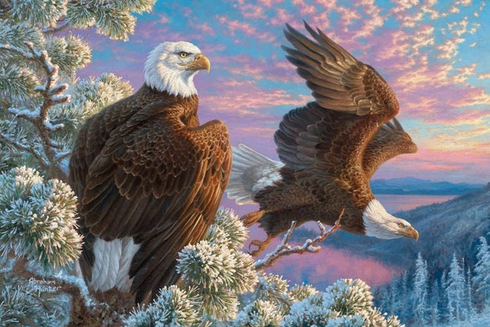 Abraham Hunter Artist Hand Signed Limited Edition Embellished Canvas Giclee:�Winter Eagles�