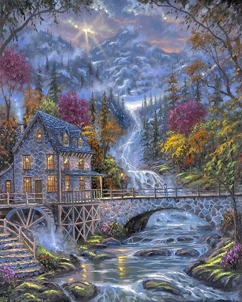 Robert Finale Hand Signed and Numbered Limited Edition Hand-Embellished AP Giclee on Canvas:"Olde Mountain Mill in Autumn"