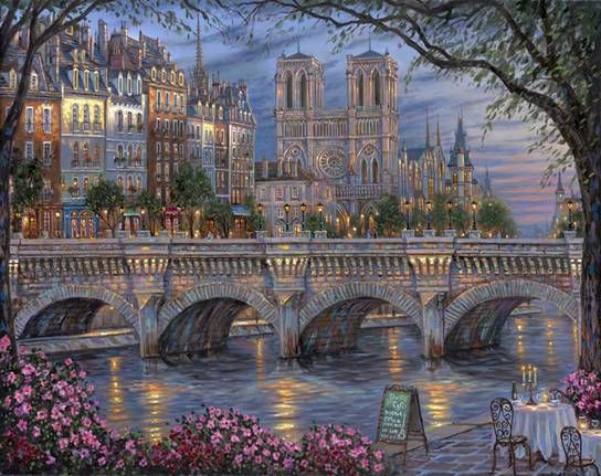 Robert Finale Hand Signed and Numbered Limited Edition Hand-Embellished Giclee on Canvas:"Afternoon by the River Seine"