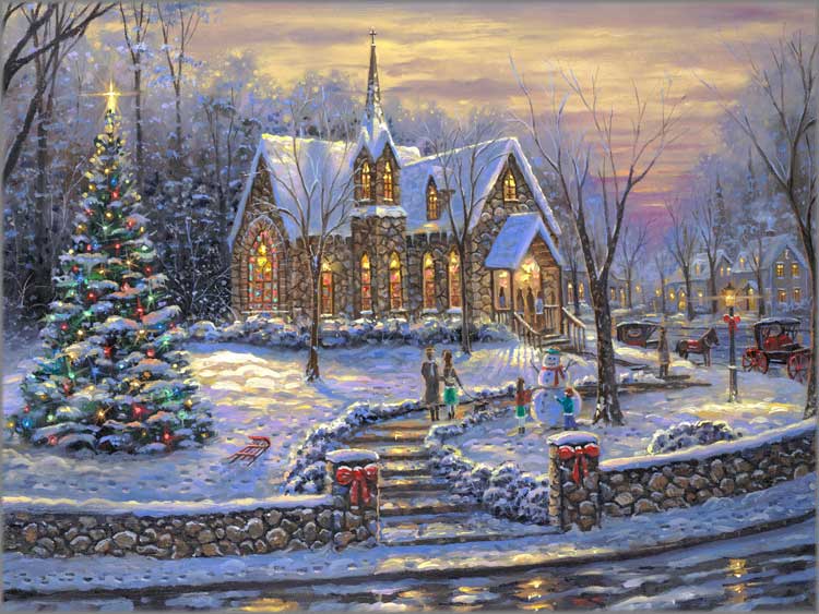 Robert Finale Hand Signed and Numbered Limited Edition Hand Embellished Giclee on Canvas:"Church Bells of Christmas"