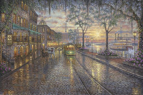 Robert Finale Hand Signed  Limited Edition Embellished Giclee Canvas:"Savannah, River Street"