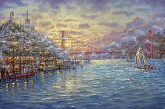 Robert Finale Hand-signed and Numbered Limited Edition Hand-Embellished Giclee on Canvas:"Sunset on the Bay, San Francisco"