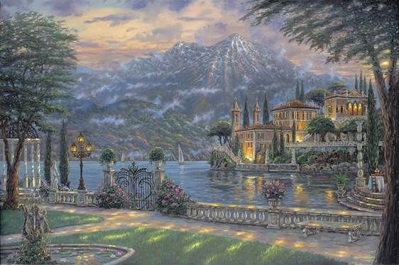 Robert Finale Hand Signed and Numbered Limited Edition Hand-Embellished Giclee on Canvas:"Villa Balbianello, Lake Como"