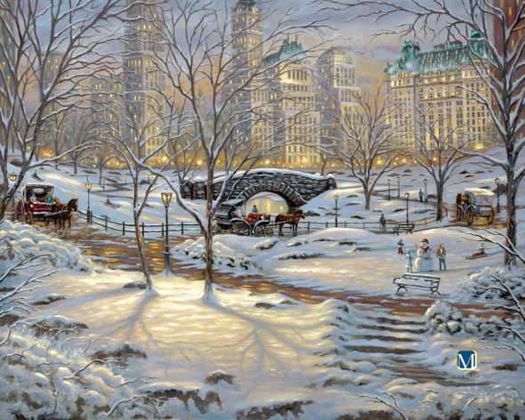 Robert Finale Handsigned and Numbered Limited Edition Hand-Embellished Giclee on Canvas:"A Winter's Eve New York, Central Park"