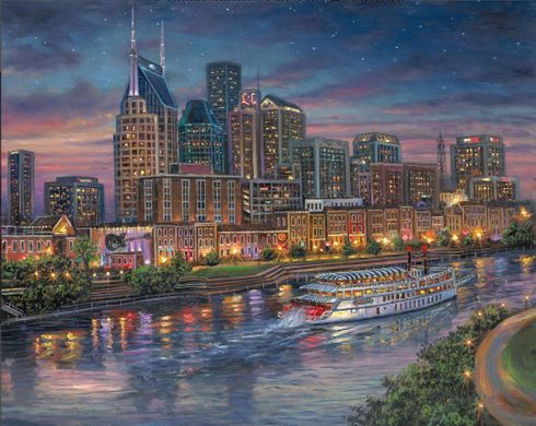 Robert Finale Artist Signed Limited Edition Embellished Canvas Giclee:"Nashville Nights On The Riverfront"