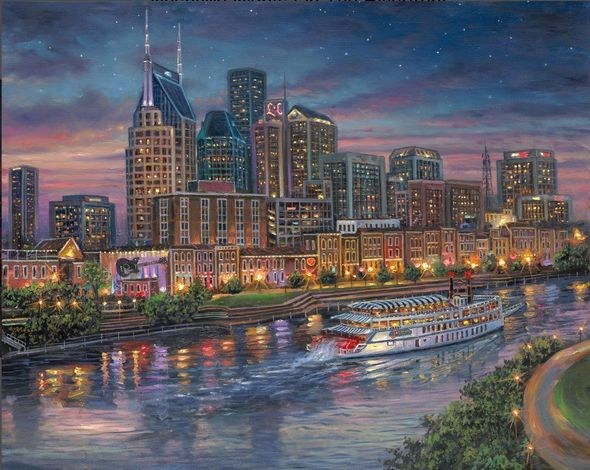 Robert Finale Artist Signed Limited Edition Embellished Canvas Giclee:"Nashville Nights On The Riverfront"