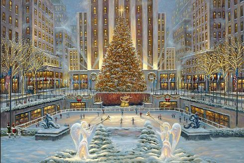 Robert Finale Artis Hand Signed Limited Edition Embellished Giclee Canvas:"Holidays in New York, Rockefeller Plaza"