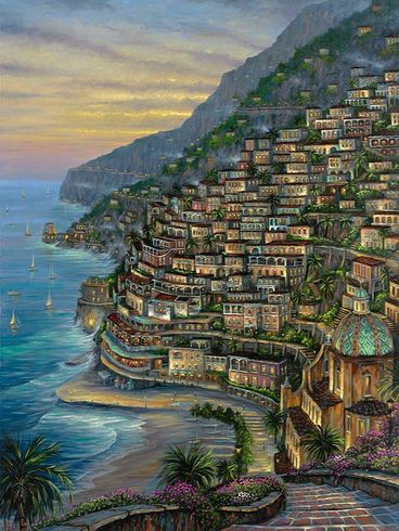 Robert Finale Hand Signed Limited Edition Embellished Giclee Canvas:"Lights on Positano"