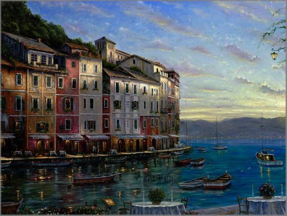 Robert Finale Artist Signed Limited Edition Embellished Giclee Canvas:"Portofino Sunrise" 