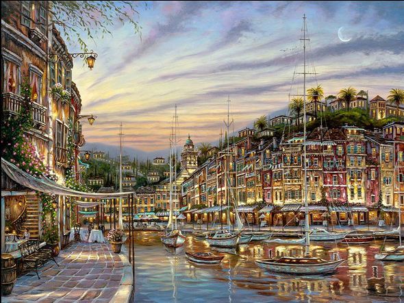Robert Finale Handsigned and Numbered Limited Edition Hand-Embellished Giclee on Canvas:"Portofino Villas"