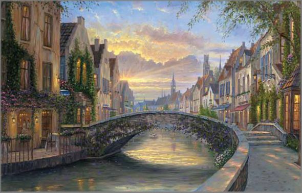 Robert Finale Hand Signed Limited Edition Embellished Giclee Canvas:"Reflections of Begium - Brugge"