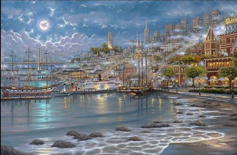 Robert Finale Artist Signed Limited Edition Embellished Giclee Canvas:"San Francisco, Moonlit Bay"