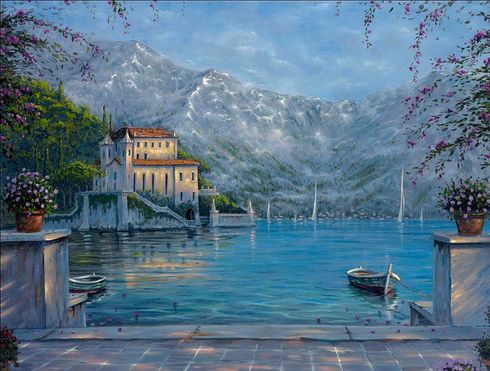 Robert Finale Handsigned Limited Edition Embellished Giclee Canvas:"Villa Di Lago - Lake Como, Italy"