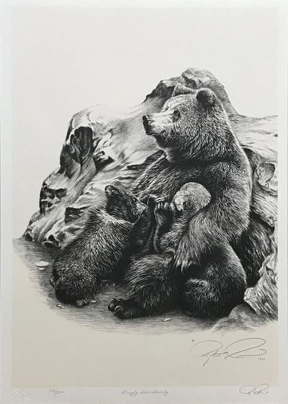 Robert Pow Artist Hand-signed Limited Edition Lithograph: "SNUGGLY BEAR FAMILY"