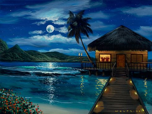 Walfrido Garcia Artist Signed Disney Ltd Ed Studio Embellished Gallery Wrap Canvas:"Moonlit Bungalow" Walfrido Garcia Artist Signed Disney Ltd Ed Studio Embellished Gallery Wrap Canvas:"Moonlit Bungalow"