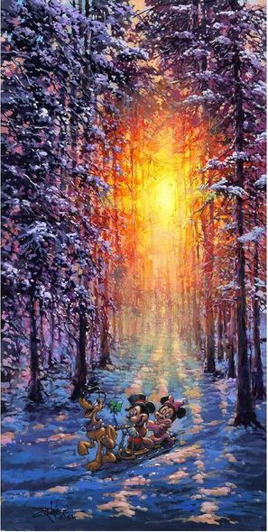 Rodel Gonzalez Signed Limited Edition Hand-Embellished Canvas Gicl&eacute;e:"Winter Sleigh Ride (Mickey and Minnie)"