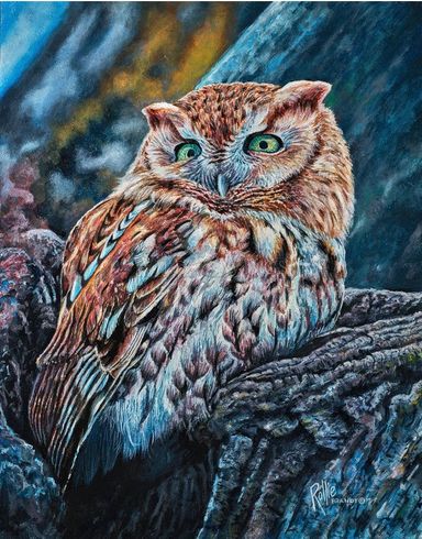 Rollie Brandt Master Artisan Hand Embellished Canvas Giclee:"Nestled In Owl"