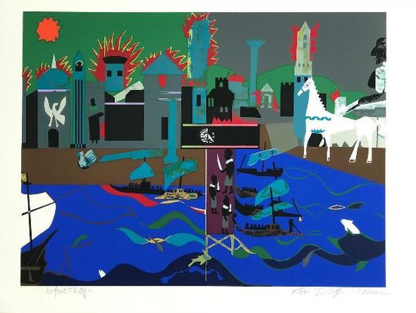 Romare Bearden Signed Limited Edition Print on Paper:"The Fall of Troy, 1979"