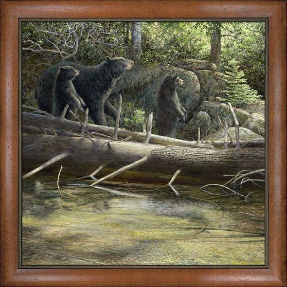 Ron Van Gilder Framed Limited Edition Canvas: "Streamside-Black Bears"