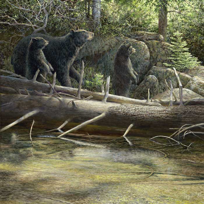 Ron Van Gilder Handsigned and Numbered Limited Edition Canvas: "Streamside - Black Bear Canvas"