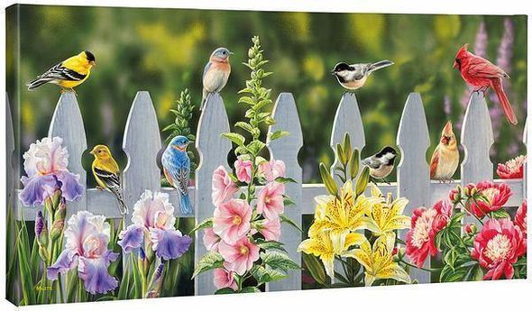 Rosemary Millette 18X36 Gallery Wrapped Canvas:" Picket FenceSongbirds  "
