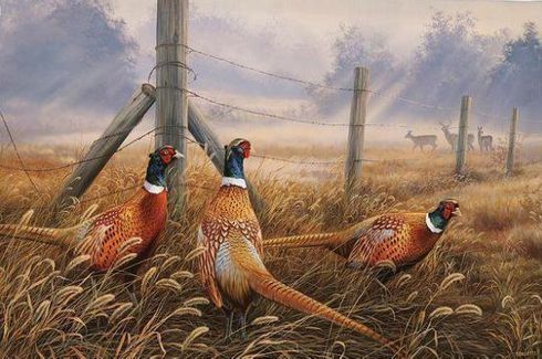 Rosemary Millette Open Edition 24x36 Framed Canvas:"Meadow Mist-Pheasants"