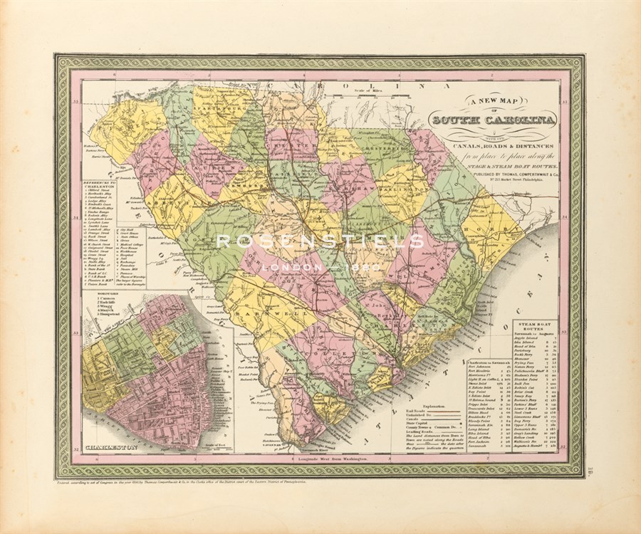 S.A. Mitchell Hand Numbered Limited Edition Print on Paper :"A New Map of South Carolina, 1850"