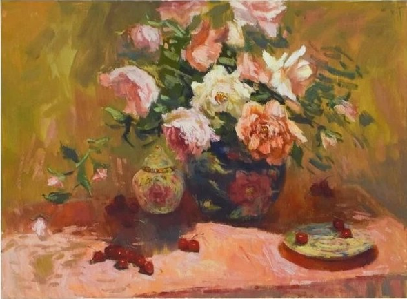 S. Burkett Kaiser Signed Limited Edition Print: "Roses in Blue Vase"
