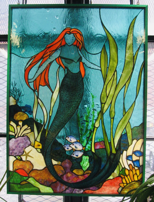 Michael Skrtic Framed Mixed Media Staind Glass :"Resting Mermaid"