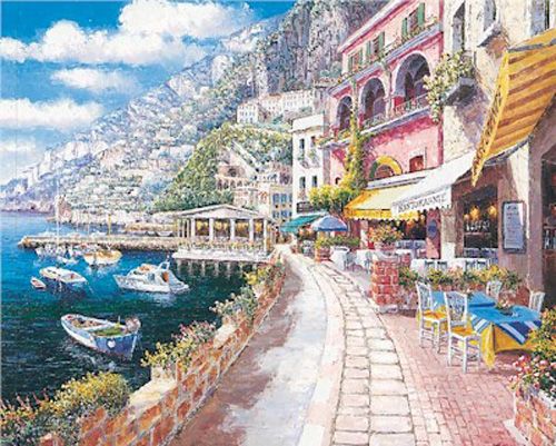 S. Sam Park Limited Edition Hand Embellished Giclee on Canvas: "Dockside at Amalfi Small"
