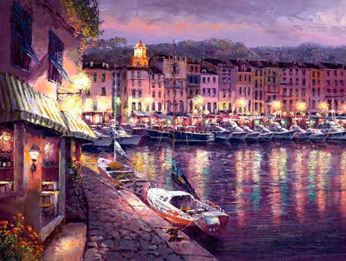 S. Sam Park Limited Edition Hand Embellished Giclee on Canvas:"Night View of St Tropez"