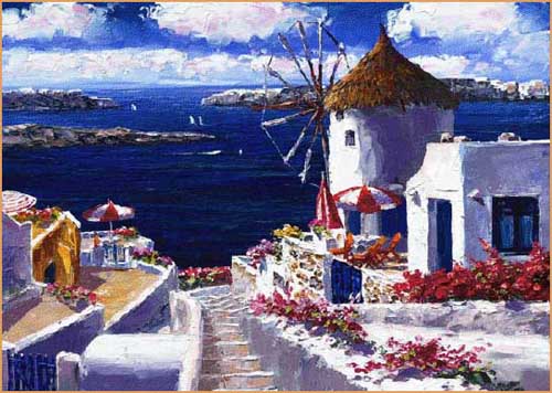 S. Sam Park Limited Edition Hand Embellished Giclee on Canvas:"Windmill at Santorini"