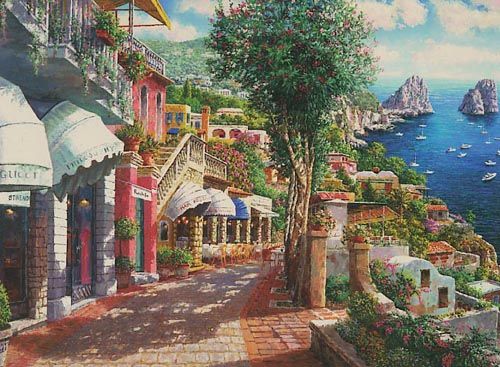 S. Sam Park Limited Edition Hand Embellished Serigraph on Canvas: "Afternoon in Capri (LG)"