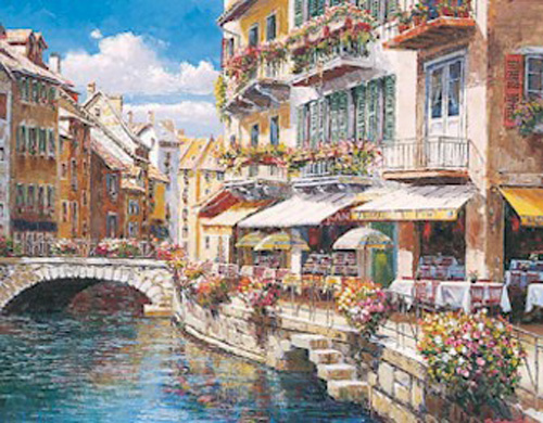 S. Sam Park Limited Edition Hand Embellished Serigraph on Canvas: "Bridgewalk to Annecy Small"