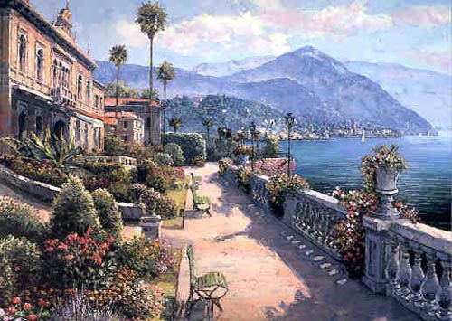 S. Sam Park Limited Edition Hand Embellished Serigraph on Canvas: "Lake Como Promenade - Canvas"