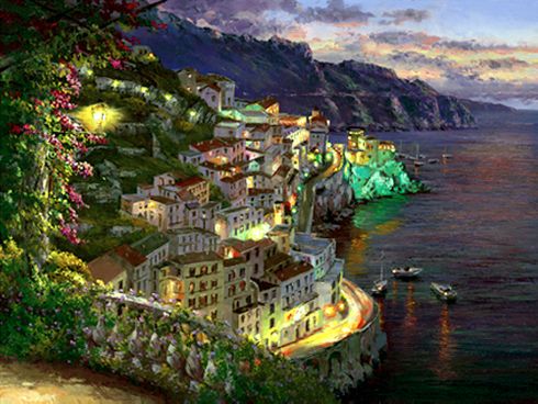 S. Sam Park Limited Edition Hand Embellished Serigraph on Canvas:"Lights of Amalfi [Campania]"